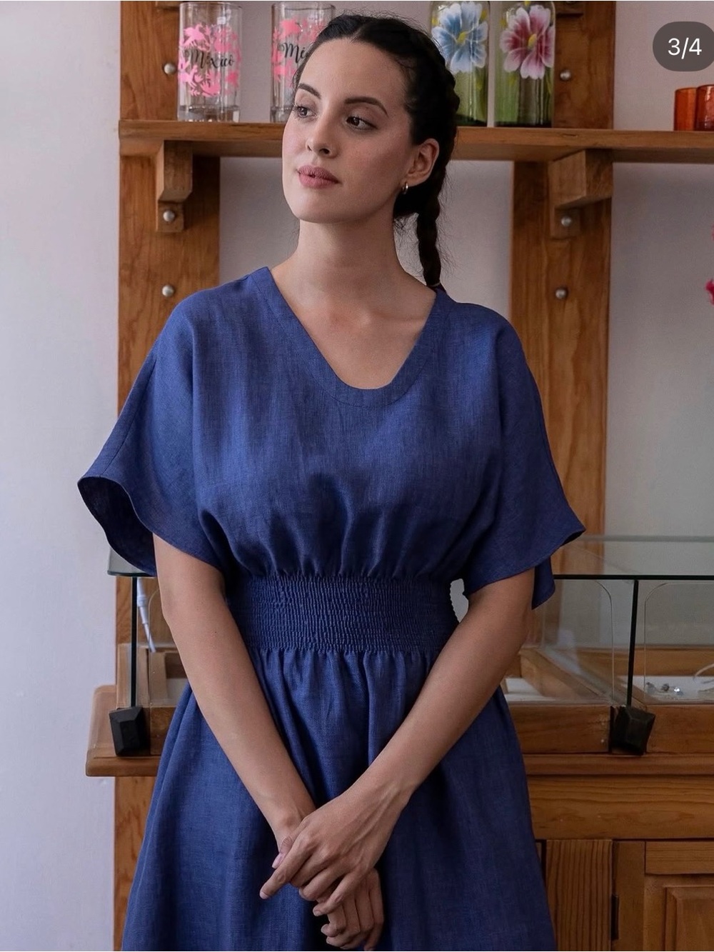 Elegant Navy Blue Smocked Waist Women's Dress